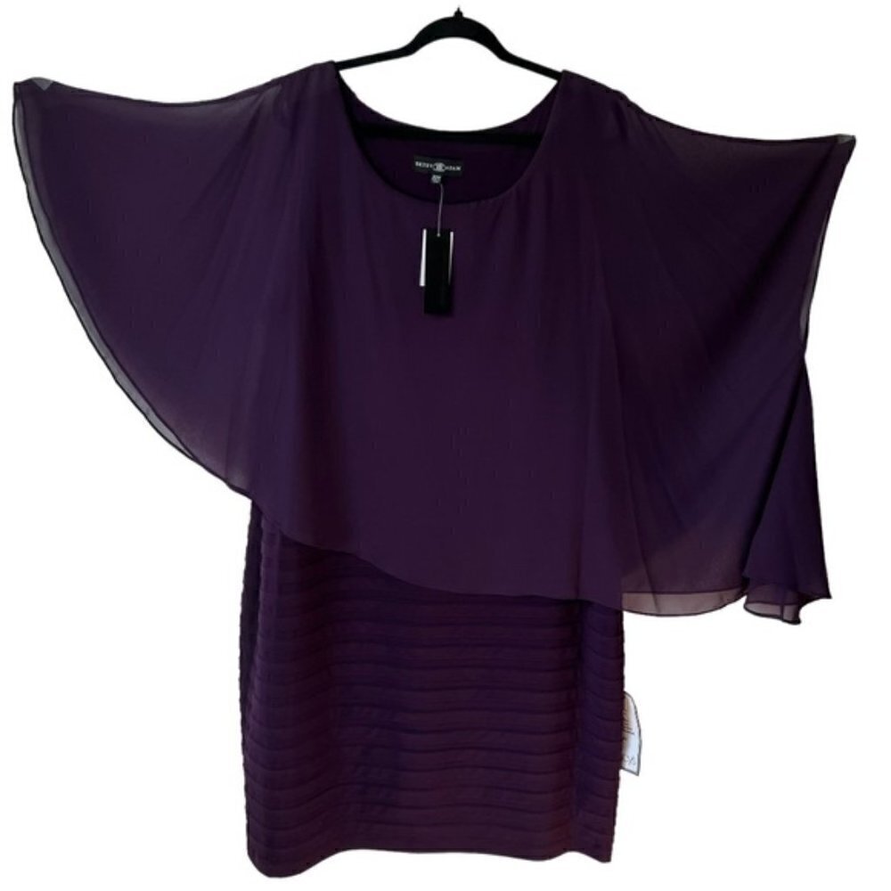 Betsy & Adam, Women's Plus, Chiffon Capelet Sheath Dress - Plum. Size: 22W. NWT.